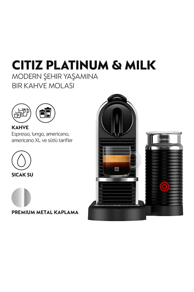 Nespresso D145 Citiz Platinum Bundle Espresso Kahve Makinesi, Titan + Süt Köpürtücü